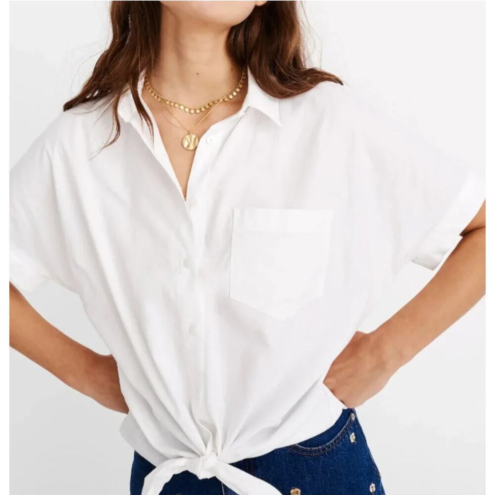 Madewell 100% Cotton Short Sleeve Tie-Front Button Down Shirt Size US M